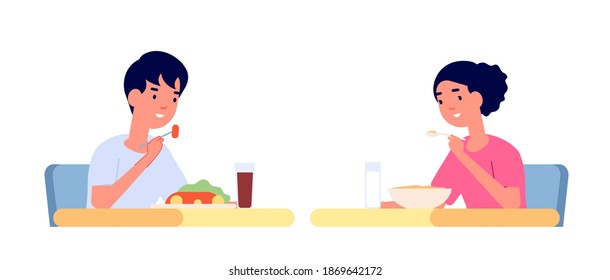 Children eating. Healthy meal, kids eat snack and drink at table. Cartoon boy girl kindergarten breakfast, child lunch vector illustration