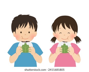 Children eating Kashiwamochi_Children's Day image material