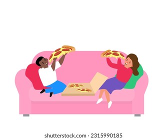 children eating large slices of pizza sitting on the sofa vector illustration