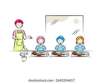 Children eating lunch and nursery teachers or kindergarten teachers | Nursery and kindergarten illustration series