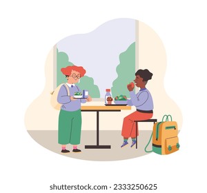 Children eating lunch in school cafeteria or canteen, flat vector illustration isolated on white background. Boys sitting at table by window with salad bowl on tray. School dinner room or hall.
