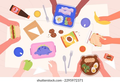 Children eating lunch together. Breakfast in school or kindergarten top view. Cute lunch boxes, food and drinks. Kid eating sandwich racy vector scene