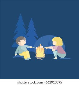 Children eating marshmallows on campfire vector illustration. Boy and girl having fun camping.