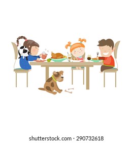 Children eating on a white background. Vector isolated illustration