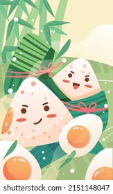 Children are eating rice dumplings on the Dragon Boat Festival with bamboo and clouds in the background, vector illustration