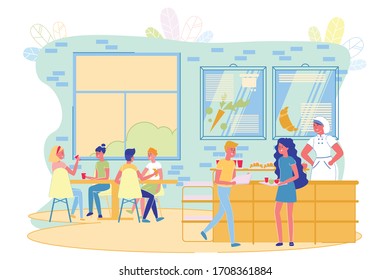 Niños comiendo en la cafetería escolar, iluminación vectorial plana. Niñas y niños sentados en mesa bebiendo y comiendo croissants. Adolescentes comiendo en bandeja. Chef parado detrás de Counter.