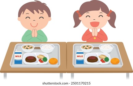 Children eating school lunch (elementary school students)