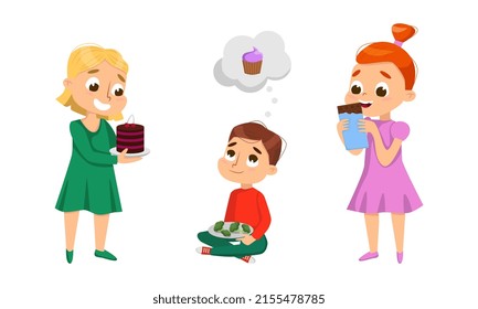 Niños comiendo dulces y verduras. Ilustración vectorial de dibujos animados para niños saludable y poco saludable