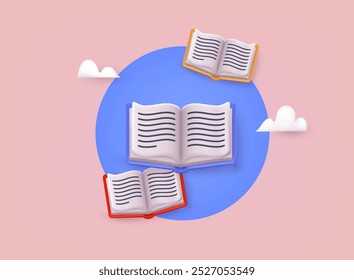 Ícones de livro vetorial 3d de educação infantil. Abra livro e páginas. Conceito de educação.  Ilustração da web vetorial 3D.