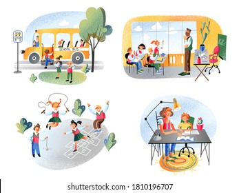 Children education. Back to school. Kid going to study by bus. Teacher and classmates at lesson in classroom. Friends playing in yard during break time. Mother and son doing homework. Vector set