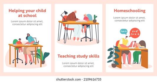Children Education Cartoon Banners. Parents and Children Make Lessons Together at Table. Happy Family Prepare School Classes. Mother, Father, Kids Students Characters Make Homework. Vector Posters
