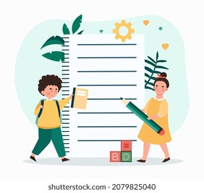 Children education concept. Boy and girl with pencils in their hands fill out notebook. Children gain new knowledge. School, lessons. Schoolchildren learn to write. Cartoon flat vector illustration