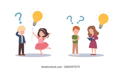 Children, education concept, vector illustration on white. Boys and girls think and learn, question marks and light bulbs. Design for children projects and education. Drawing in flat cartoon style.