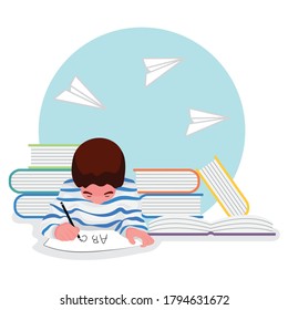 Kindererziehung: ein Junge macht Hausaufgaben und ist voll mit Büchern auf der Rückseite
