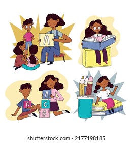 Children education. Flat style hand drawn vector illustration for school concept. Back to school doodle illustration isolated on white background.