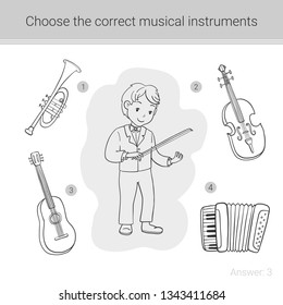 Children education game. Choose the correct musical instruments.