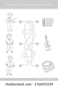 Children education game. Help the boys to find their musical instruments. Vector matching game.