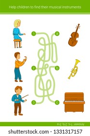 Children education game. Help children to find their musical instruments. Vector matching game.