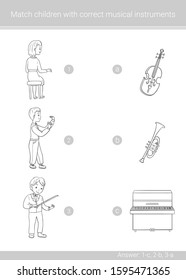Children education game. Match children with correct musical instruments. Coloring page.