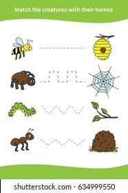 Children education game. Match the creatures with their homes.