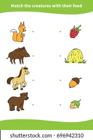 Children education game. Match the creatures with their food.