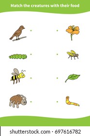Children education game. Match the creatures with their food.