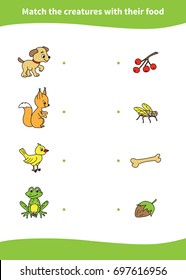Children education game. Match the creatures with their food.