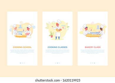 Children Education and Hobby. Cooking or Bakery Chef School for Kids. Mobile Page Set in Trendy Flat Design with Happy Boys Preparing Sweet Desserts. Vector Illustration for Social Media