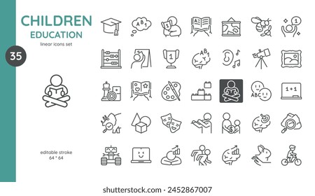 Children Education Icon Set for Creative Learning and Development Concepts. Line Vector Icons Collection.