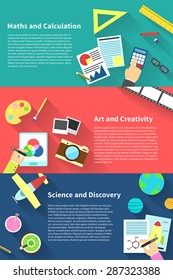 Children education infographic activities and stationary template icon of subjects such as maths and calculation, art and creativity, science and discovery, background layout design, create by vector