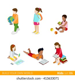 Children education learning studying making classes homework flat web infographic concept vector icon set. Creative people collection.