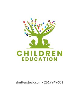 Children Education logo design vector. Kids School logo design icon. Tree Book and Children reading logo vector. Learning logo design Illustrations