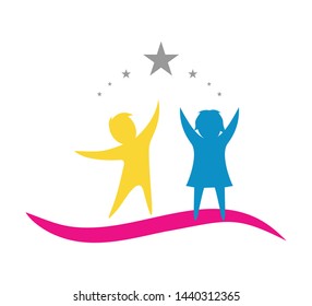 Children Education Logo - Happy Kids Education. Creative Children Reaching Star Education Logo. Happy kids logo vector illustration. kids concept vector illustration icon.