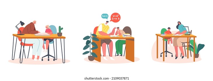 Children Education. Parents and Children Make Lessons Together at Table. Happy Family Prepare School Classes. Mother, Father, Kids Students Characters Make Homework. Cartoon People Vector Illustration