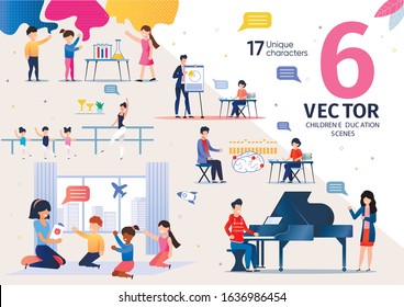 Children Education, Preschoolers Early Development, Art and Science Classes and Workshops Trendy Flat Vector Scenes Set. School and Kindergarten Teachers Teaching Pupils in Classroom Illustrations