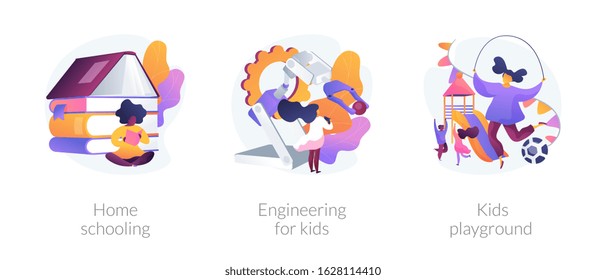 Children education and recreation. icons set. Home schooling, engineering for kids, kids playground metaphors. Entertainment and learning. Vector isolated concept metaphor illustrations.