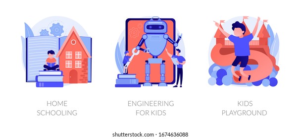 Children education and recreation. icons set. Home schooling, engineering for kids, kids playground metaphors. Entertainment and learning. Vector isolated concept metaphor illustrations.