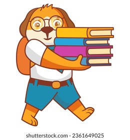 Children education.A puppy schoolboy with books.Line art vector illustration.Isolated on white background.little koala reading a book.School animal character. Student in uniform. Cartoon dog.