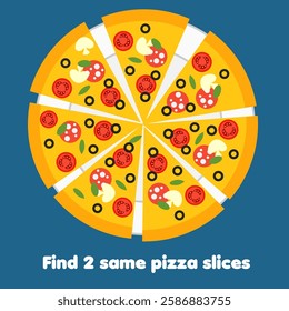 children educational activity. Find the same pictures. Find two identical pizza slices. Food game for kids