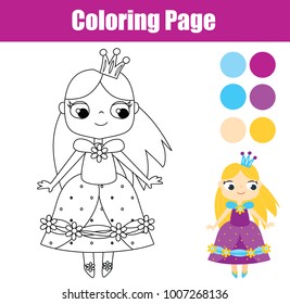 Children educational game. Coloring page with cute princess. Printable activity for toddlers and kids