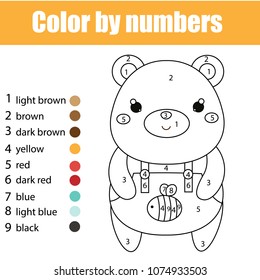 Children educational game. Coloring page with cute bear. Color by numbers, printable activity, worksheet for toddlers and pre school age. Animals theme