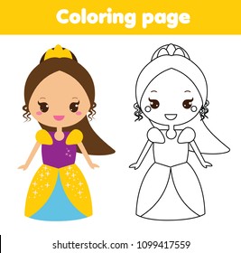 Children educational game. Coloring page with cute princess. Printable activity for toddlers and kids