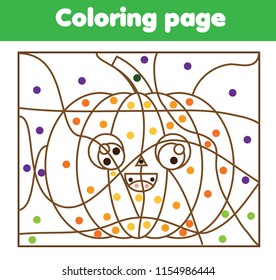 Children educational game. Coloring page with cartoon Halloween pumpkin. Color by dots, printable activity for toddlers