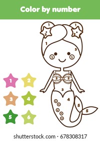 Children educational game. Coloring page with mermaid. Color by numbers, printable activity, worksheet for pre school age