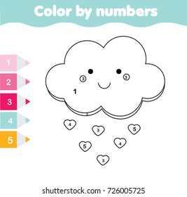 Children educational game. Coloring page with cute cloud. Color by numbers, printable activity, worksheet for toddlers and pre school age