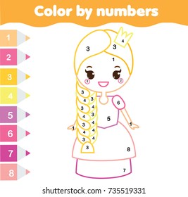 Children educational game. Coloring page with cute princess. Color by numbers, printable activity, worksheet for toddlers and pre school age