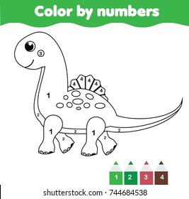 Children educational game. Coloring page with cute dinosaur. Color by numbers, printable activity, worksheet for toddlers and pre school age. Animals theme
