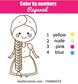Children educational game. Coloring page with Rapunzel princess. Color by numbers, printable activity, worksheet for toddlers and pre school age