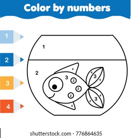 Children educational game. Coloring page with fish in aquarium. Color by numbers, printable activity, worksheet for toddlers and pre school age. Animals theme
