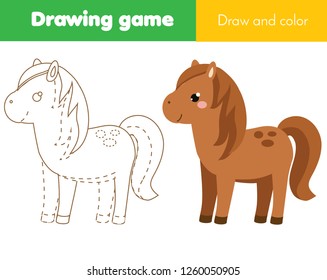 children educational game. Complete the picture. Coloring page. Kids activity with horse. Printable drawing worksheet. Animals theme